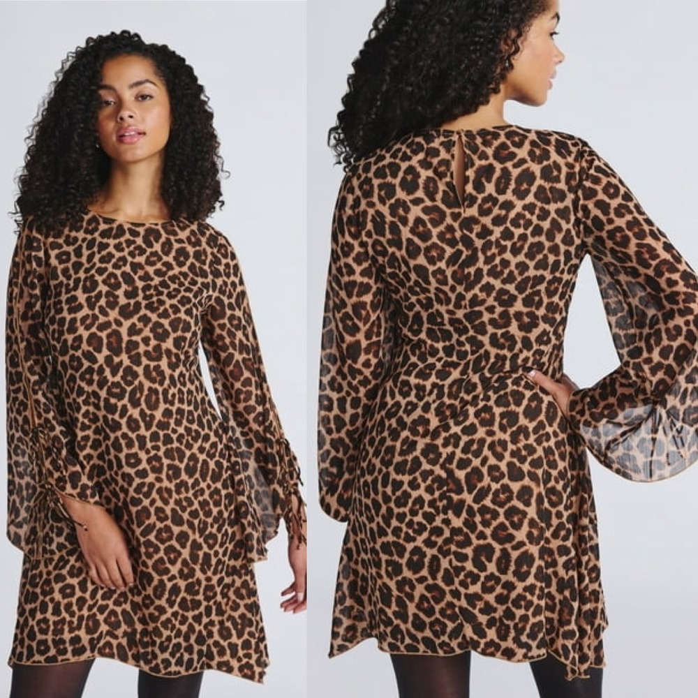 Time and Tru Leopard Mini Dress M Sheer Tie Sleeve Brown Boho Mob Wife Safari